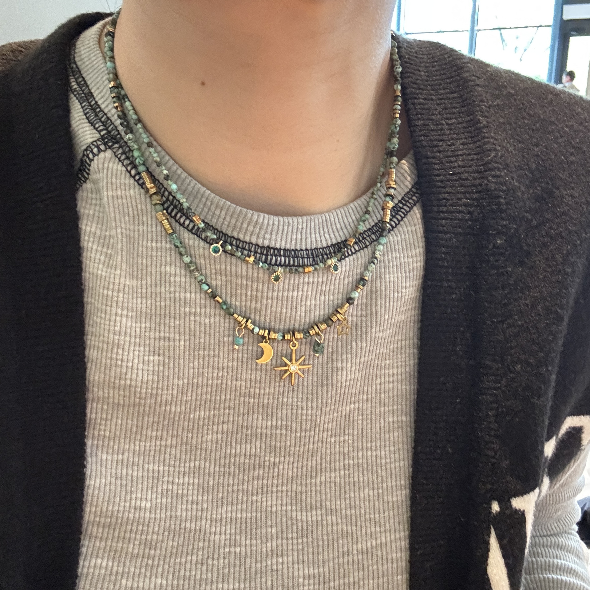 Star moon natural stone titanium steel bead necklace niche accessories women's layered wear collarbone chain accessories