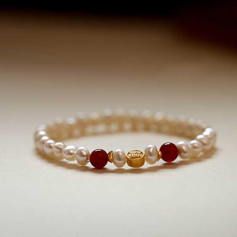 Natural freshwater pearl bracelet women's niche new Chinese style sand gold agate bead bracelet hand jewelry