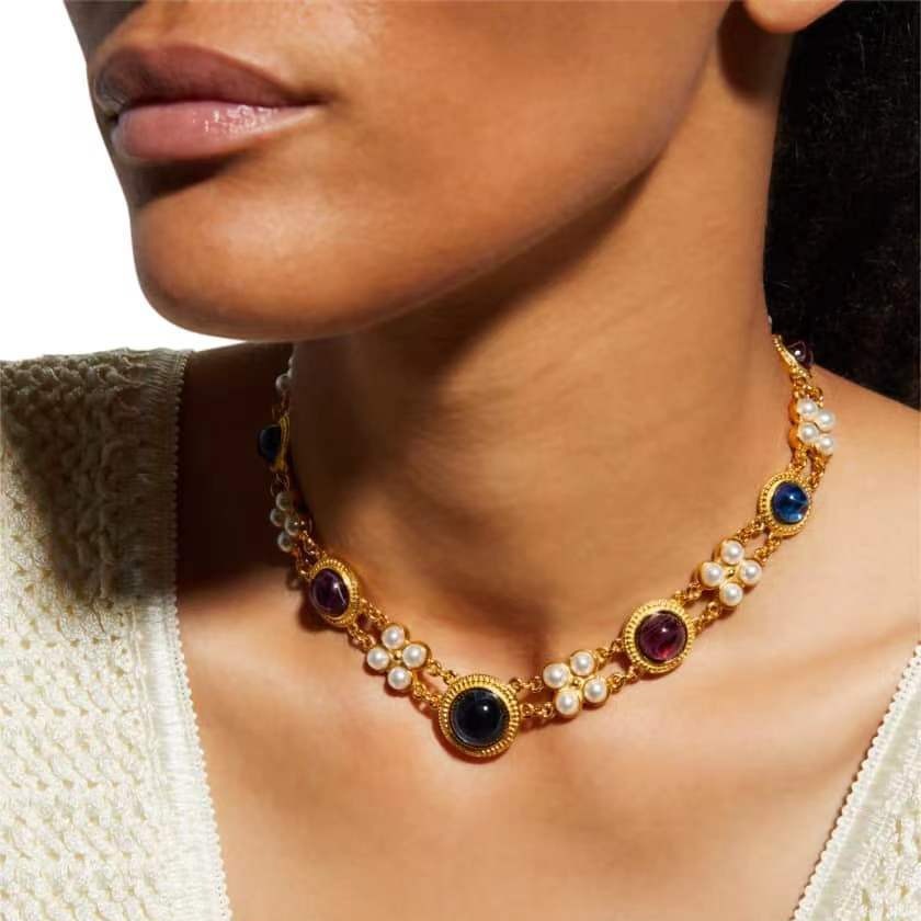 Western Antique Vintage Colored Glass Double Layer Choker Short Necklace