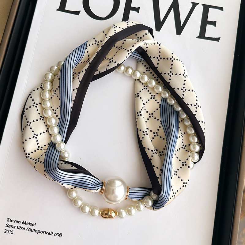 Pearl necklace magnetic buckle narrow small silk scarf for women, neck protection professional decorative collarbone matching shirt thin scarf