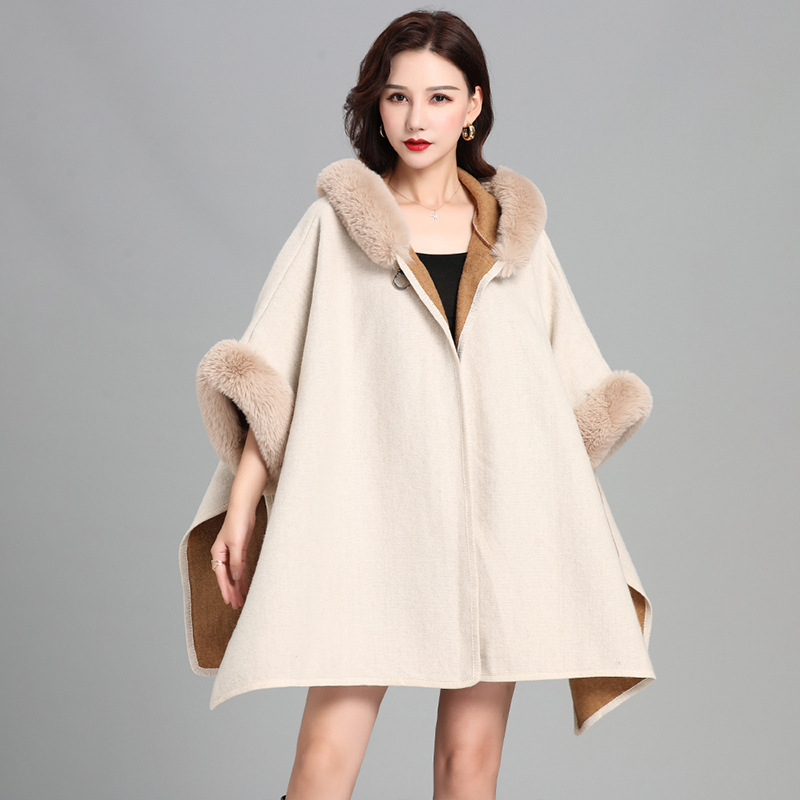Imitation Rabbit Fur Collar Hooded Large Cape Poncho Women's Knit Cardigan Thick Loose Mid-Length Fur Coat Women