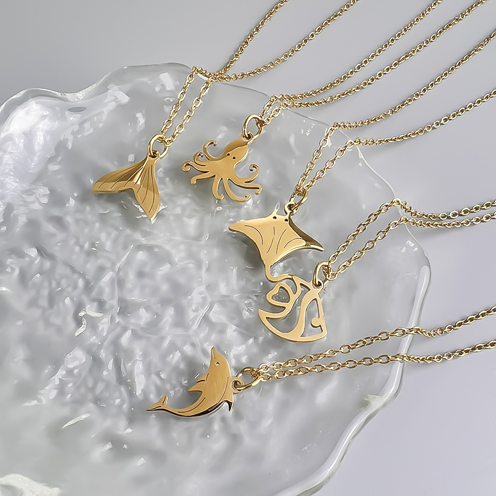 Stainless Steel Ocean Series 18K Gold-Plated Fishtail Dolphin Pendant Necklace—Simple Women's Collarbone Necklace
