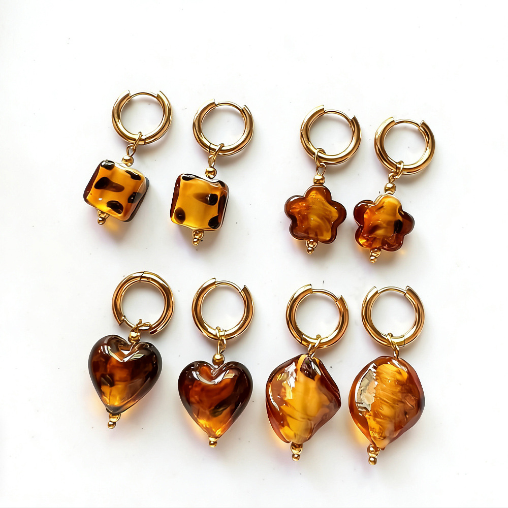 Leopard-Print Glass Heart-Shaped Flower Pendant Earrings—Stainless Steel Charms