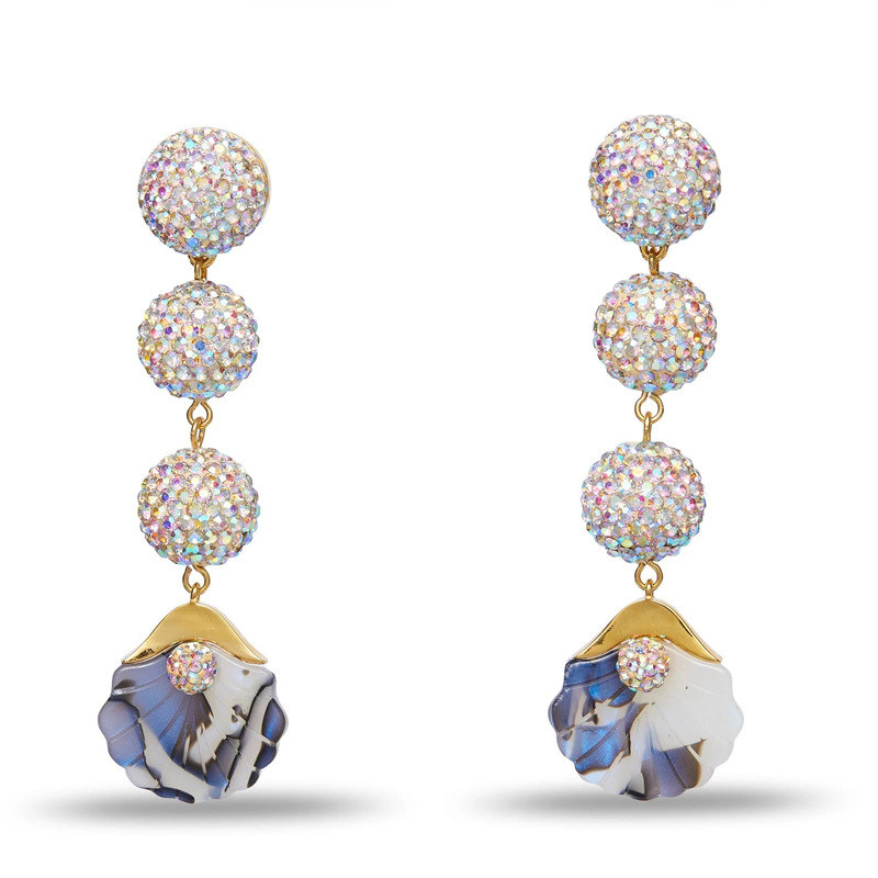 Polymer clay full diamond gem ball fan-shaped luxurious long ear studs earrings le