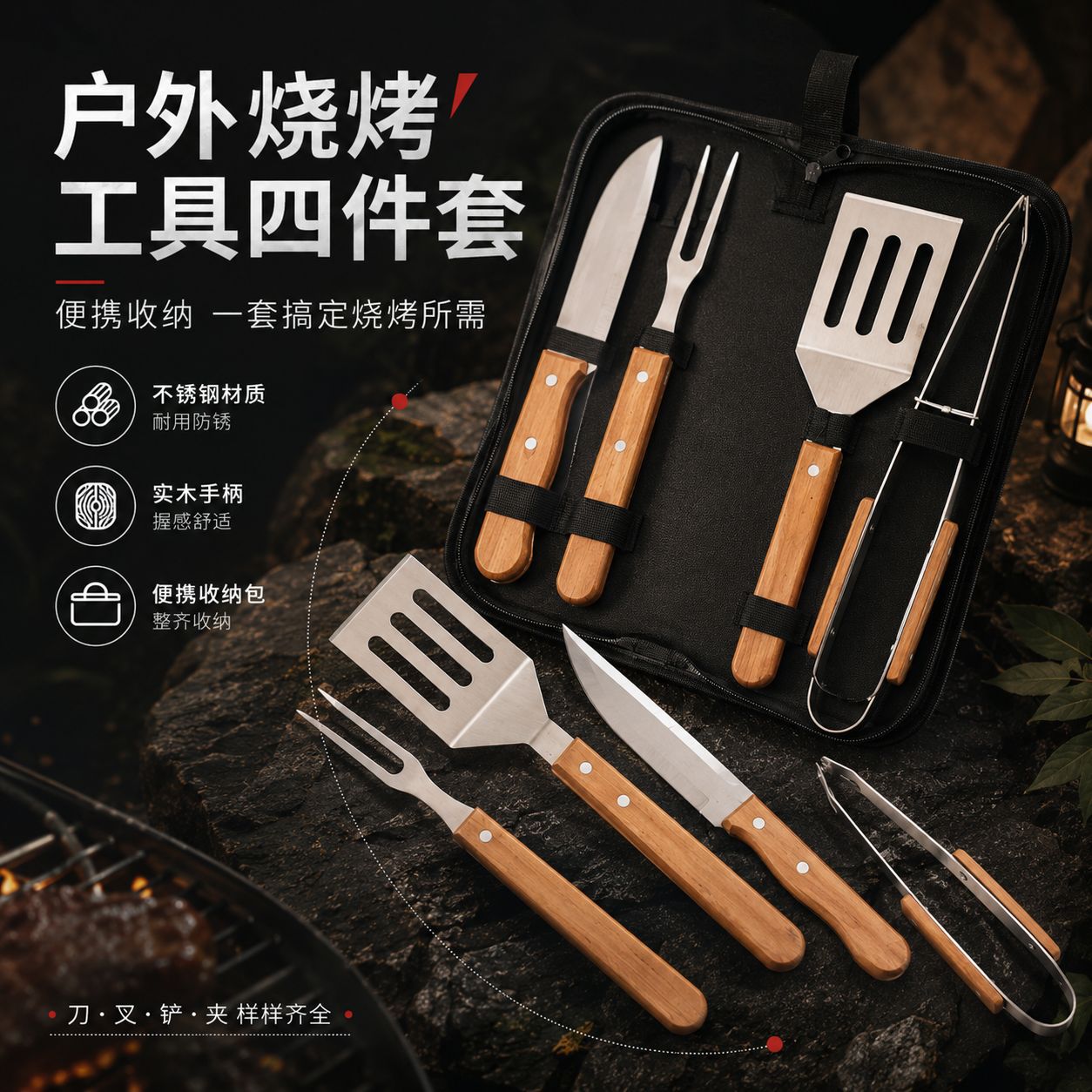 4-Piece BBQ Tool Set Combination Stainless Steel Food Tongs BBQ Meat Clips Outdoor Camping