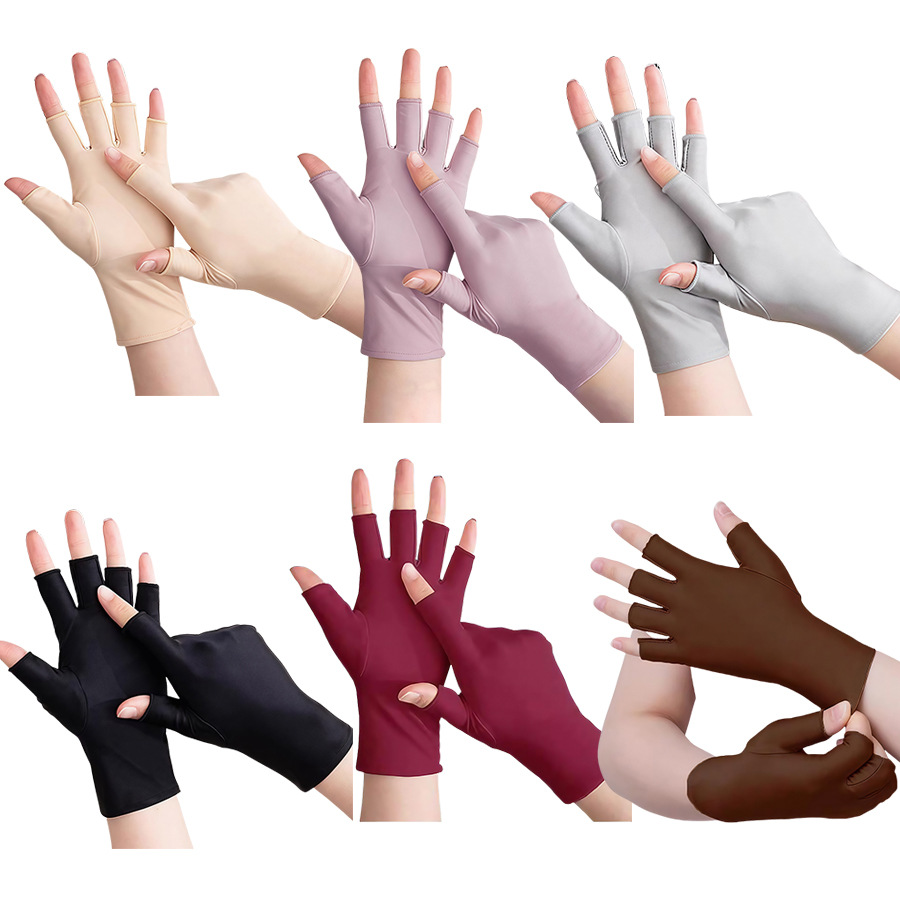 Sunscreen Gloves for Men and Women Thin Ice Silk Breathable Driving Riding Fishing Half Finger Tea Picking Nail Art Leakage 25 Fingers
