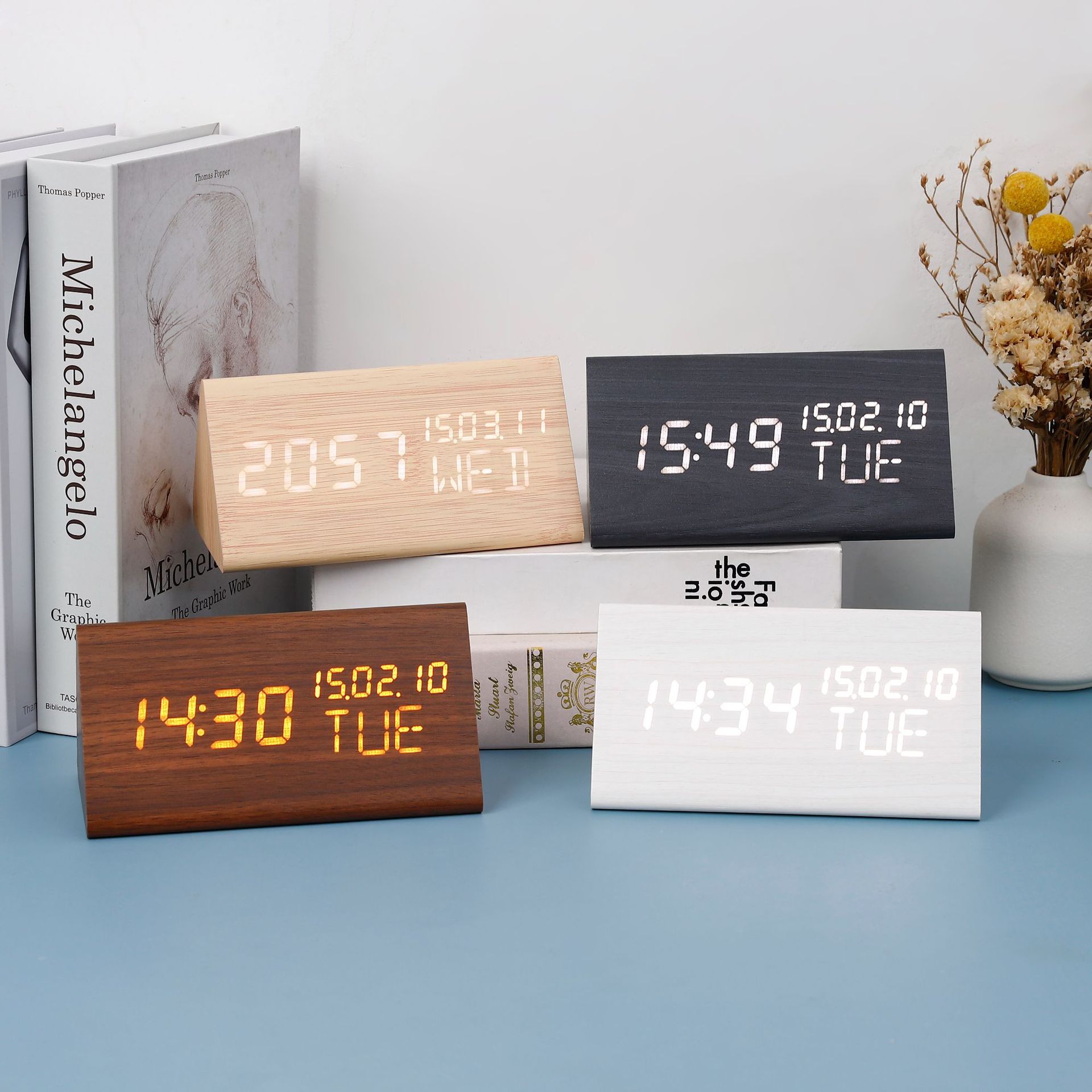 Three-display LED electronic wooden alarm clock, perpetual calendar clock bedside silent night light desk clock wooden clock
