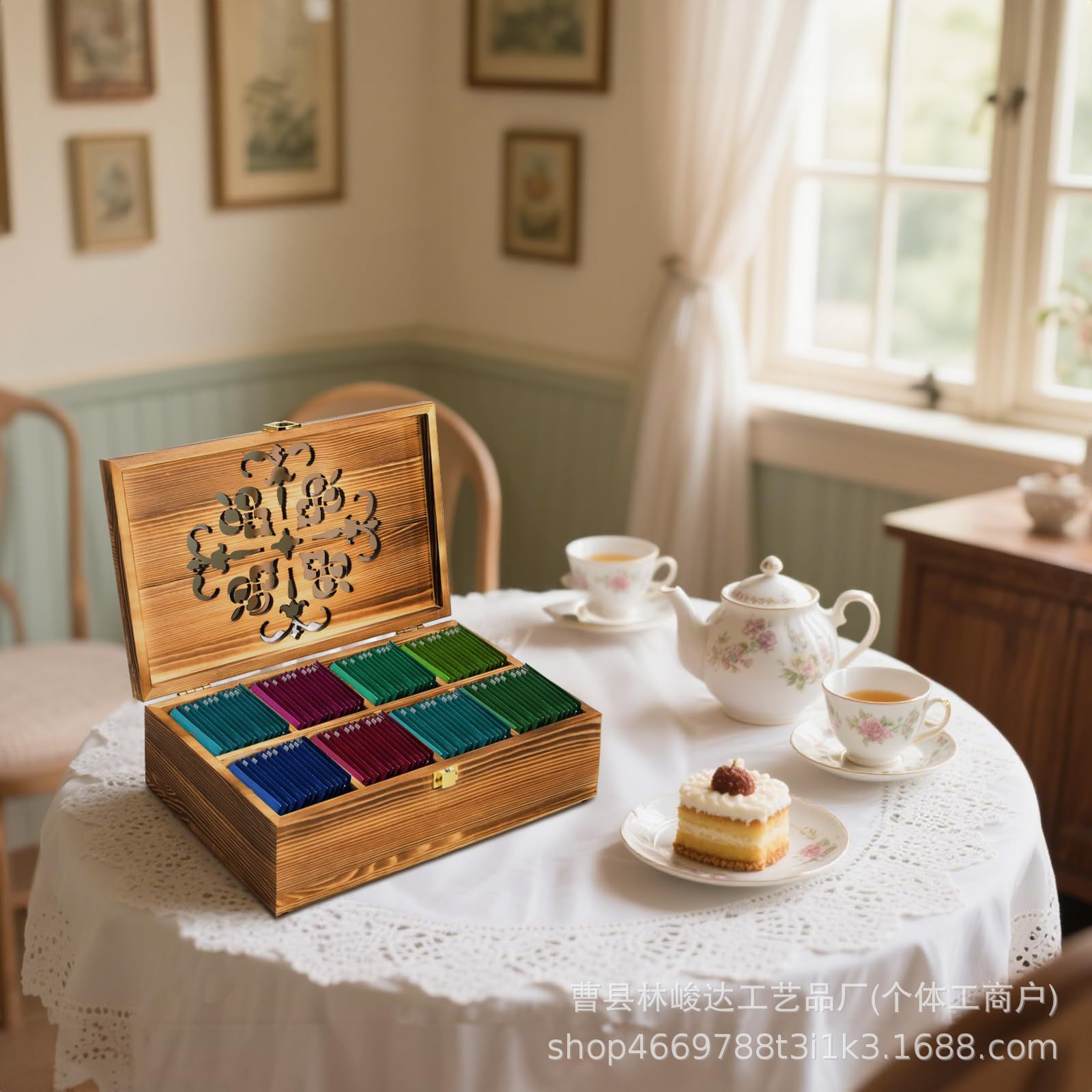 Tea bag storage box, wooden flip-top, carved hollow pattern, tea packet storage box, desktop compartment gift box