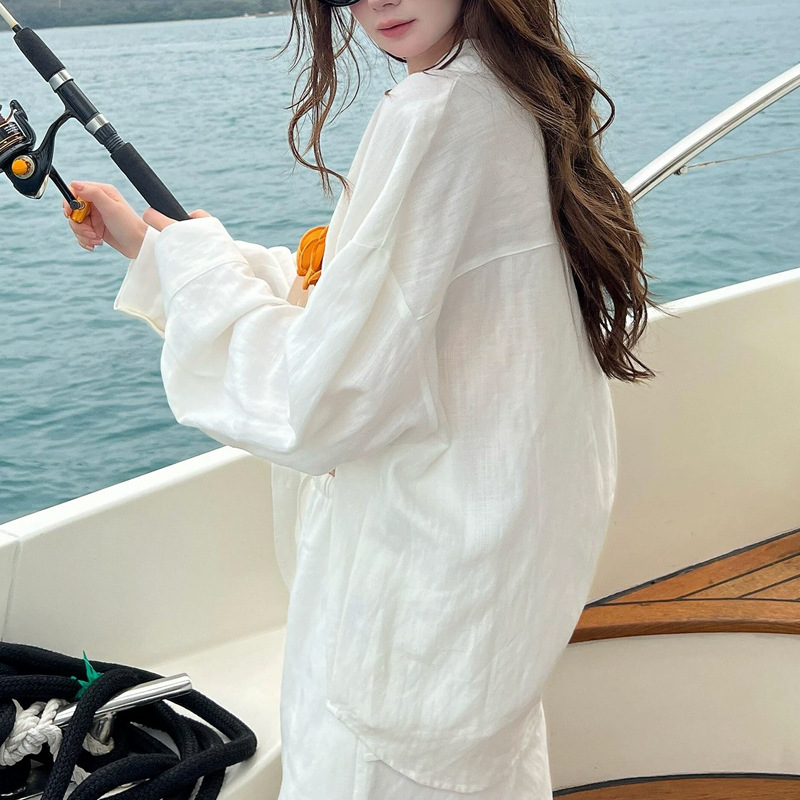 White Old Money Linen Shirt for Women 2026 Summer New Casual Long-Sleeve Cardigan Top Jacket