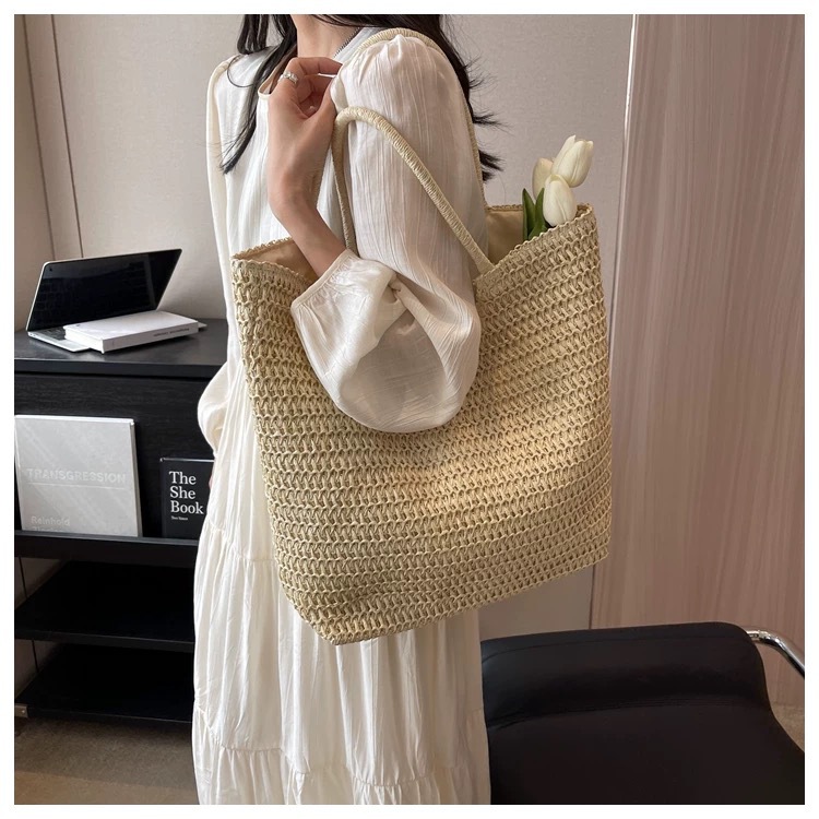 New Zipper Straw Bag Handwoven Bag Large Capacity Single Shoulder Tote Bag Women's Vacation Beach Bag Women's Bag