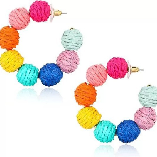 Colorful cute raffia earrings women purple blue unique bohemian earrings
