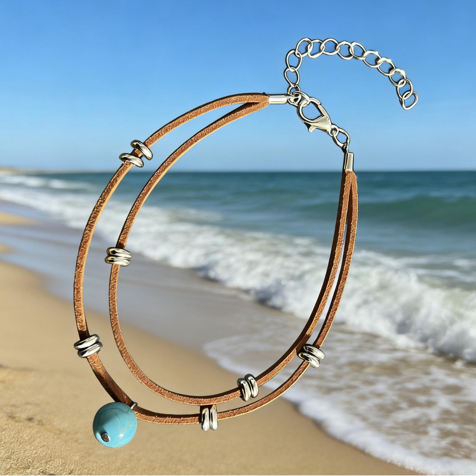 Rongshang Accessory Double-Layer Turquoise Anklet Bohemian Style Beach Ankle Wearing Ankle Ornament