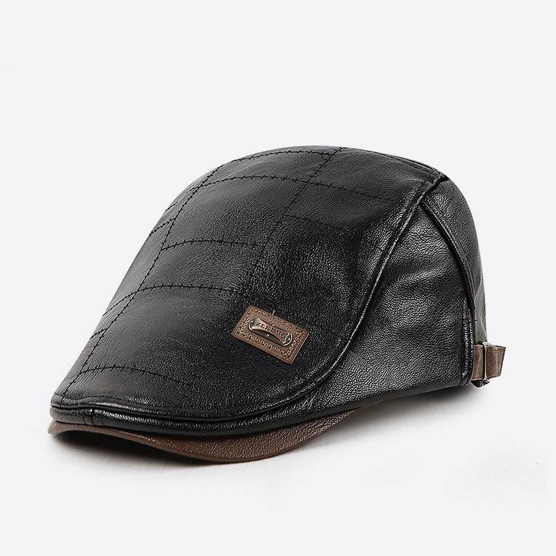 2020 new PU leather cap for middle-aged and elderly, fleece-lined outdoor warm cap, fleece-lined forward beret