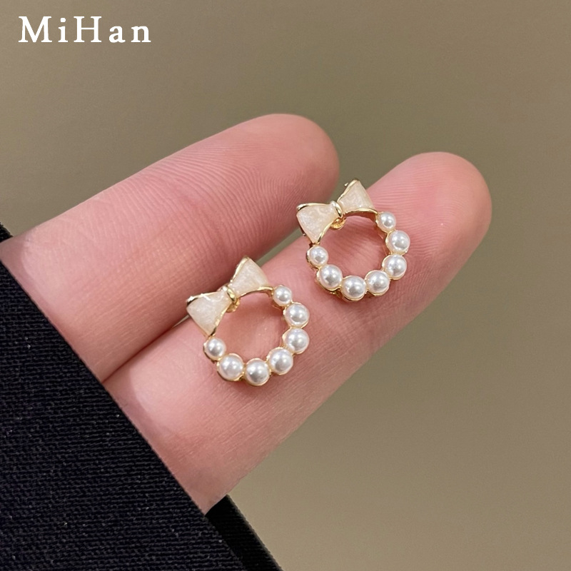 S925 silver needle fairy girl bow ear studs simple sweet small geometric earrings 6131