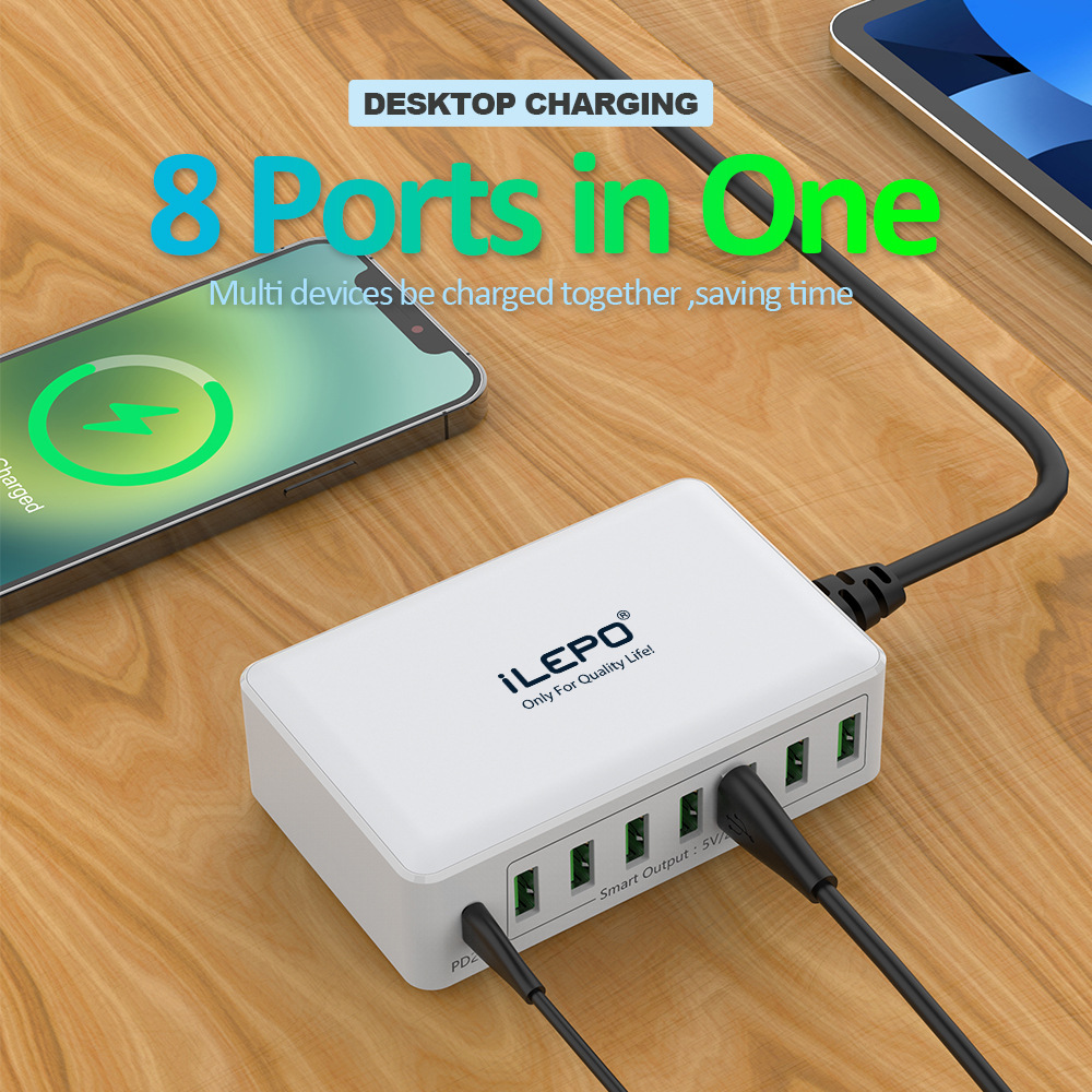 i60-60W Fast Charger Portable Smart Charger USB Multi-Port Desktop Multi-Device Charger