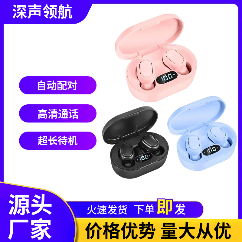 E7S in-ear earplug-style MINI wireless bluetooth earphones with digital display macaron color long battery life