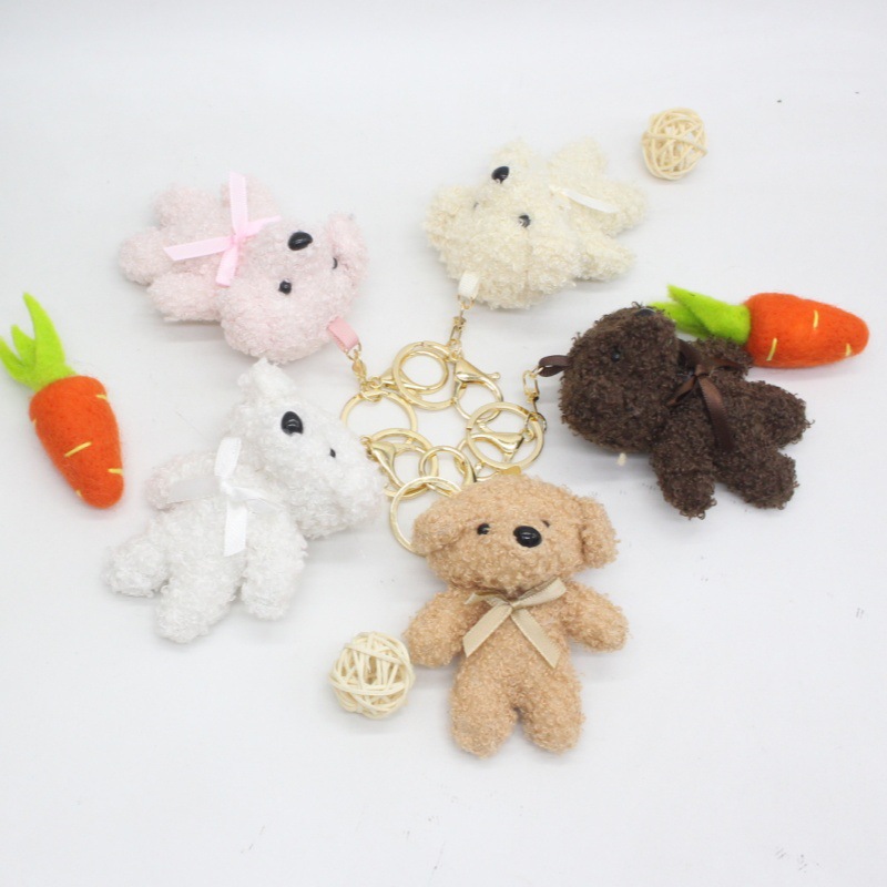 Cartoon Cute Curly Velvet Bow Tie Bear Plush Keychain Bag Charm Clothes Shoes Decoration Throw Doll