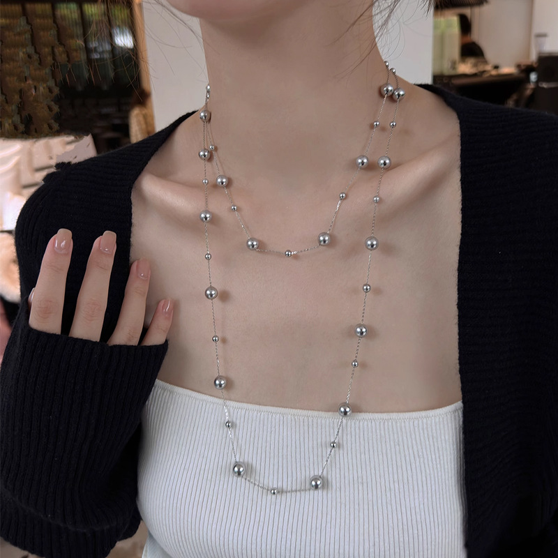 Long starry sky gray pearl necklace sweater chain commuter texture spacer bead women