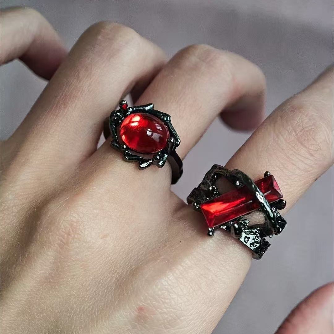 Red Geometric Gemstone Design Ring for Men and Women Niche Punk Hollow Texture Metal Ring