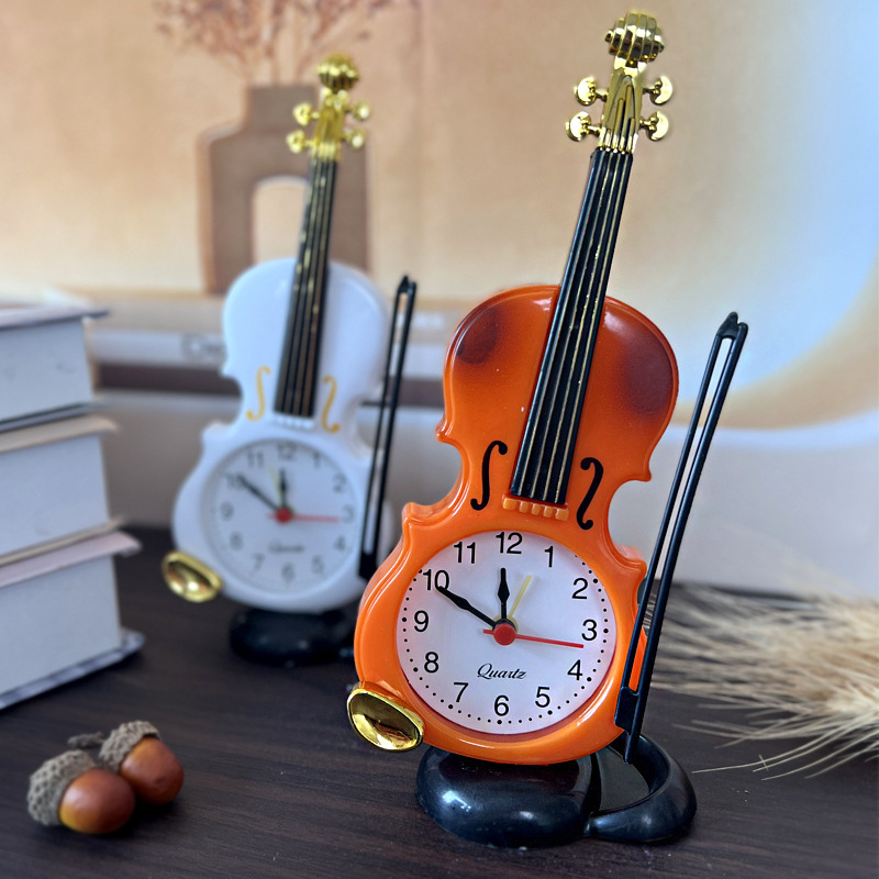 Simulated Violin Alarm Clock Musical Instrument Shape Desktop Clock Living Room Ornament Desk Clock