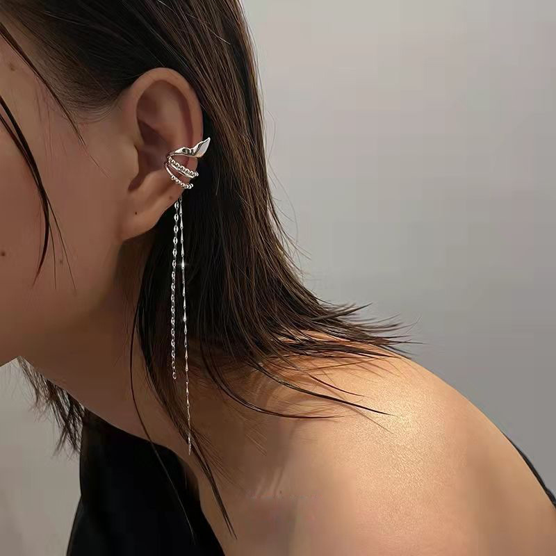 Multi-Layer Elf Tassel Ear Clip Simple Geometric Tile Long Chain No Piercing Ear Cuff