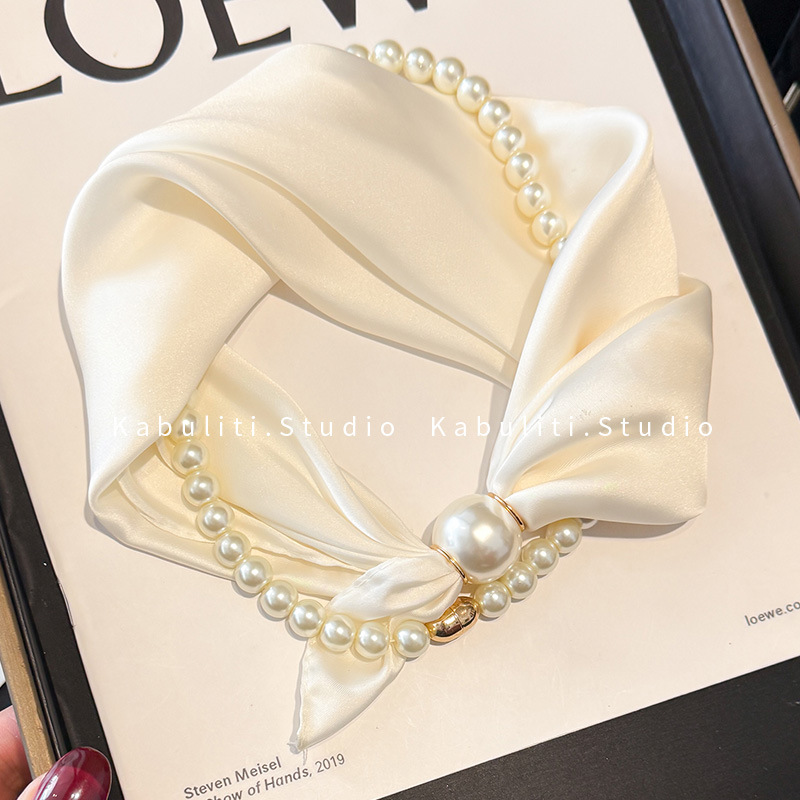 Off-white magnetic buckle pearl necklace, narrow small ears long strip silk scarf for women, neck protection matching shirt thin scarf