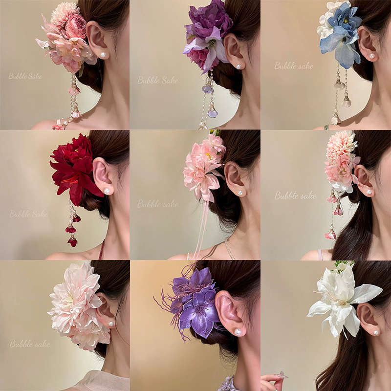 Super fairy faux flower tassel hair clip for women vacation style accessory Hanfu cheongsam side clip bun hair accessory