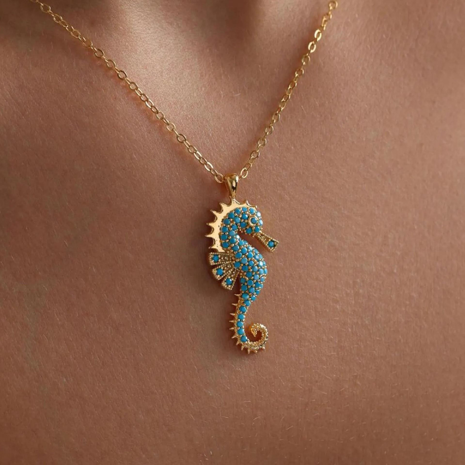 Stainless steel modern blue necklace pendant electroplated rhinestone style seahorse