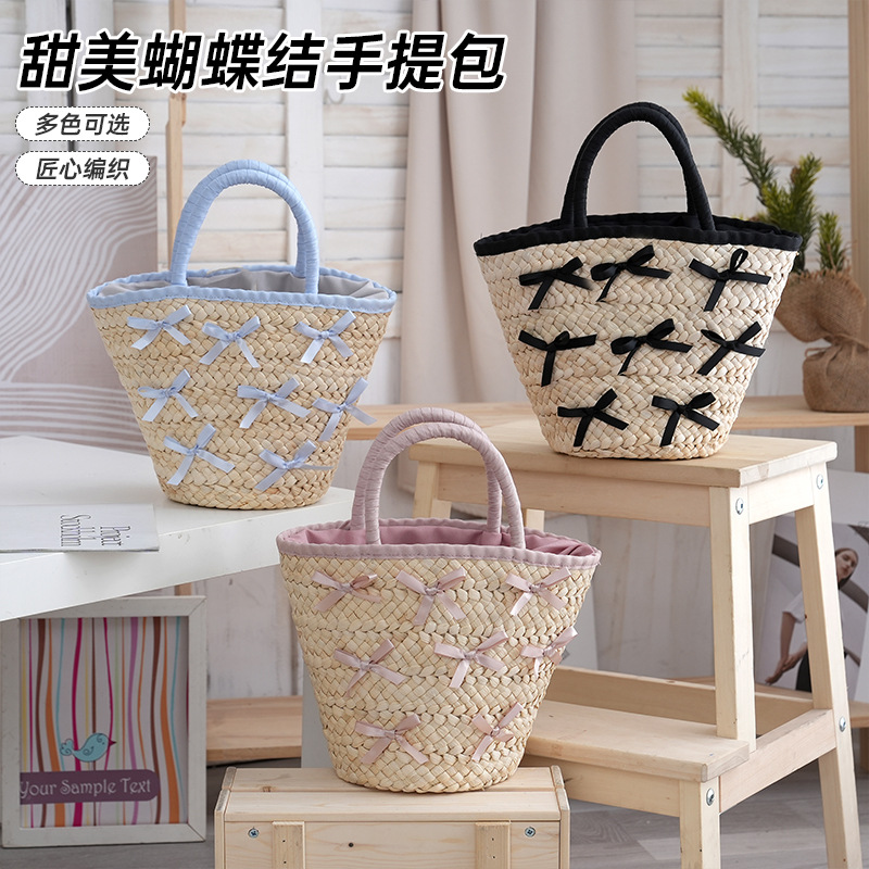 Korean chic urban minimalist straw woven bag with bow, large capacity bucket shoulder bag, beach vacation bag