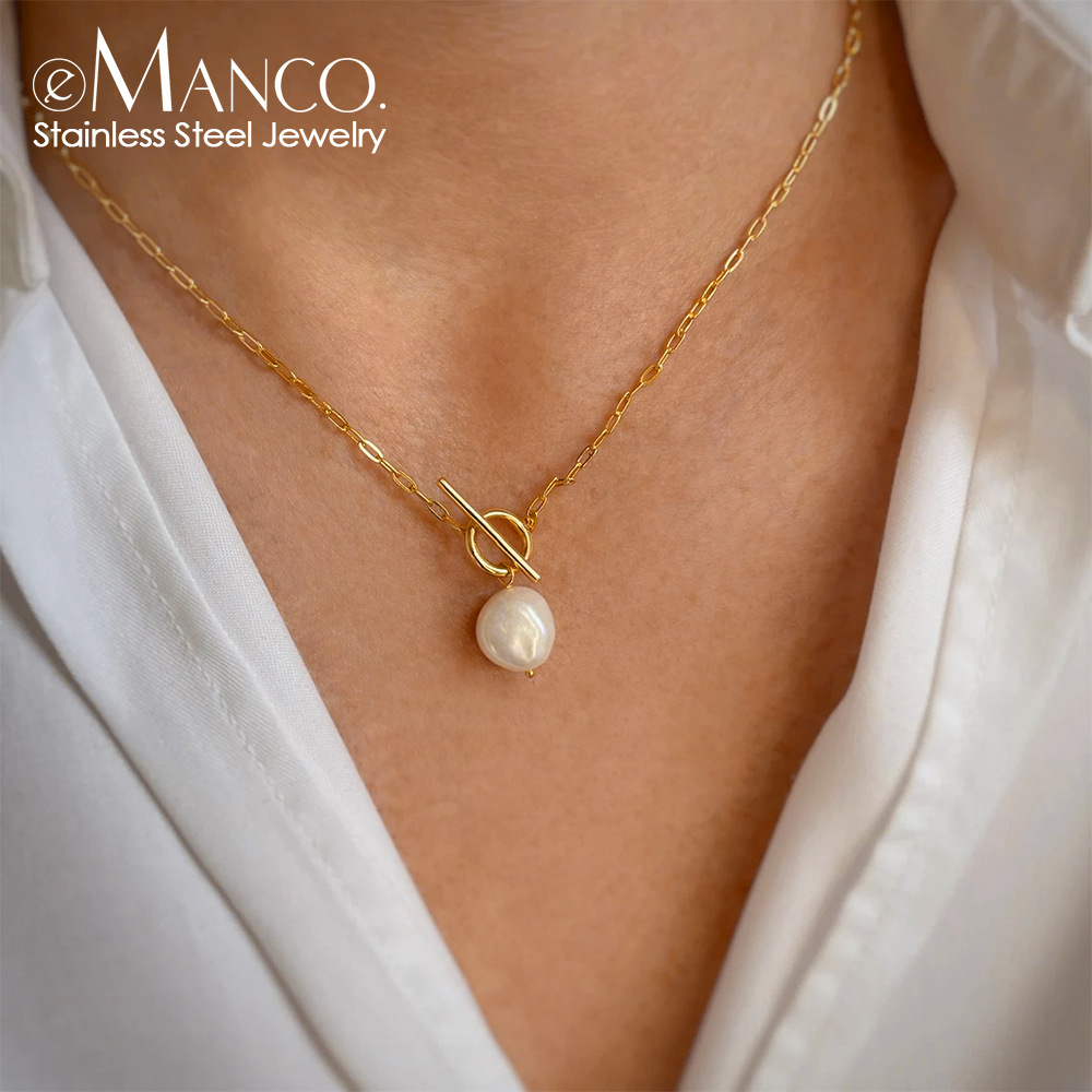 eManco Baroque Freshwater Pearl Necklace Stainless Steel Necklace Square Chain Choker Jewelry