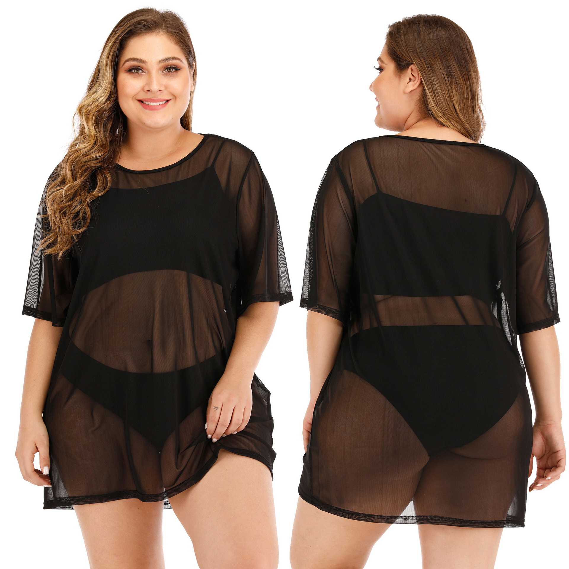 Plus Size Women's Sexy Sheer Mesh Beach Skirt Bikini Cover-Up Dress F1420