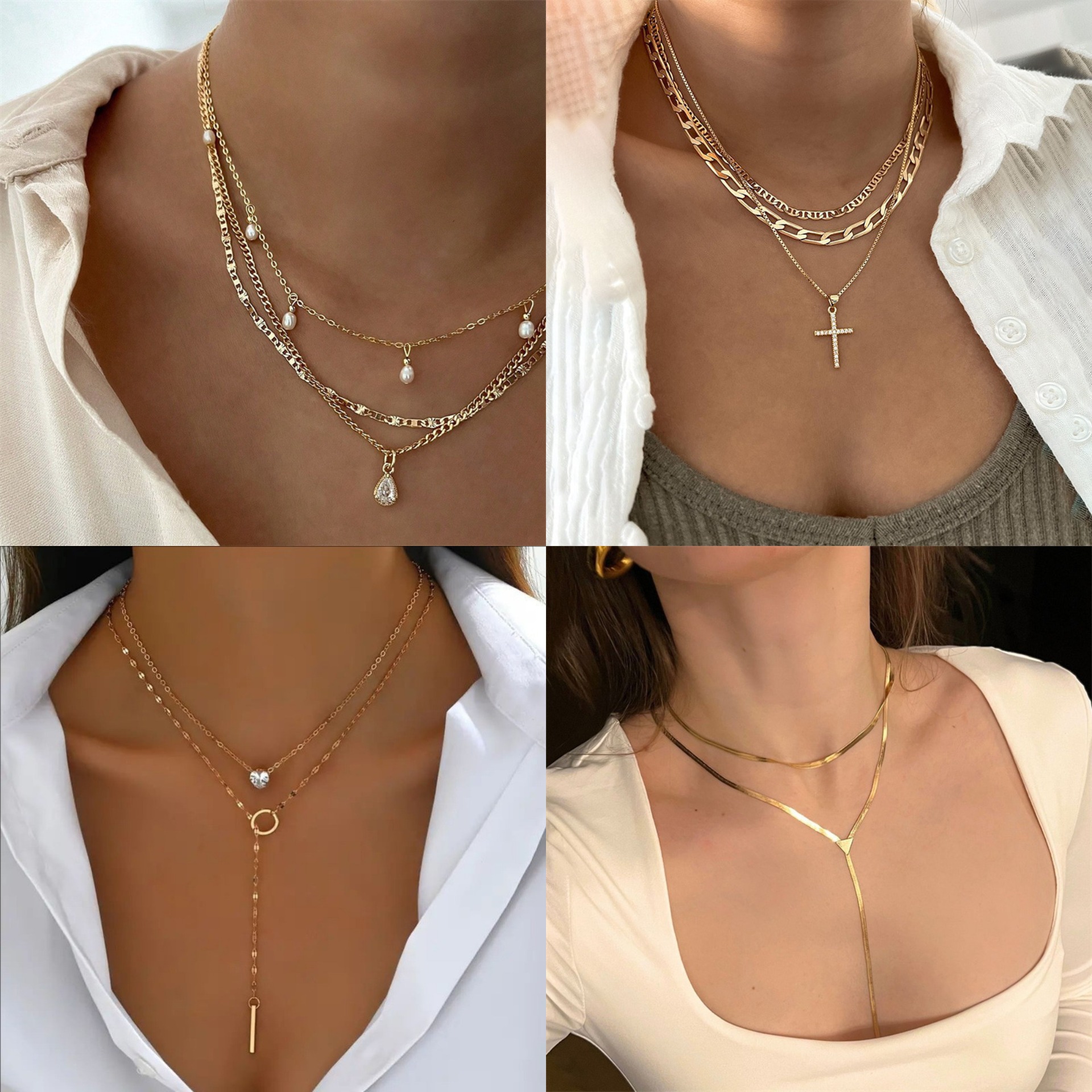 Cross Layered Pearl Necklace Beaded Pendant Collarbone Chain Women Commute Party Gift