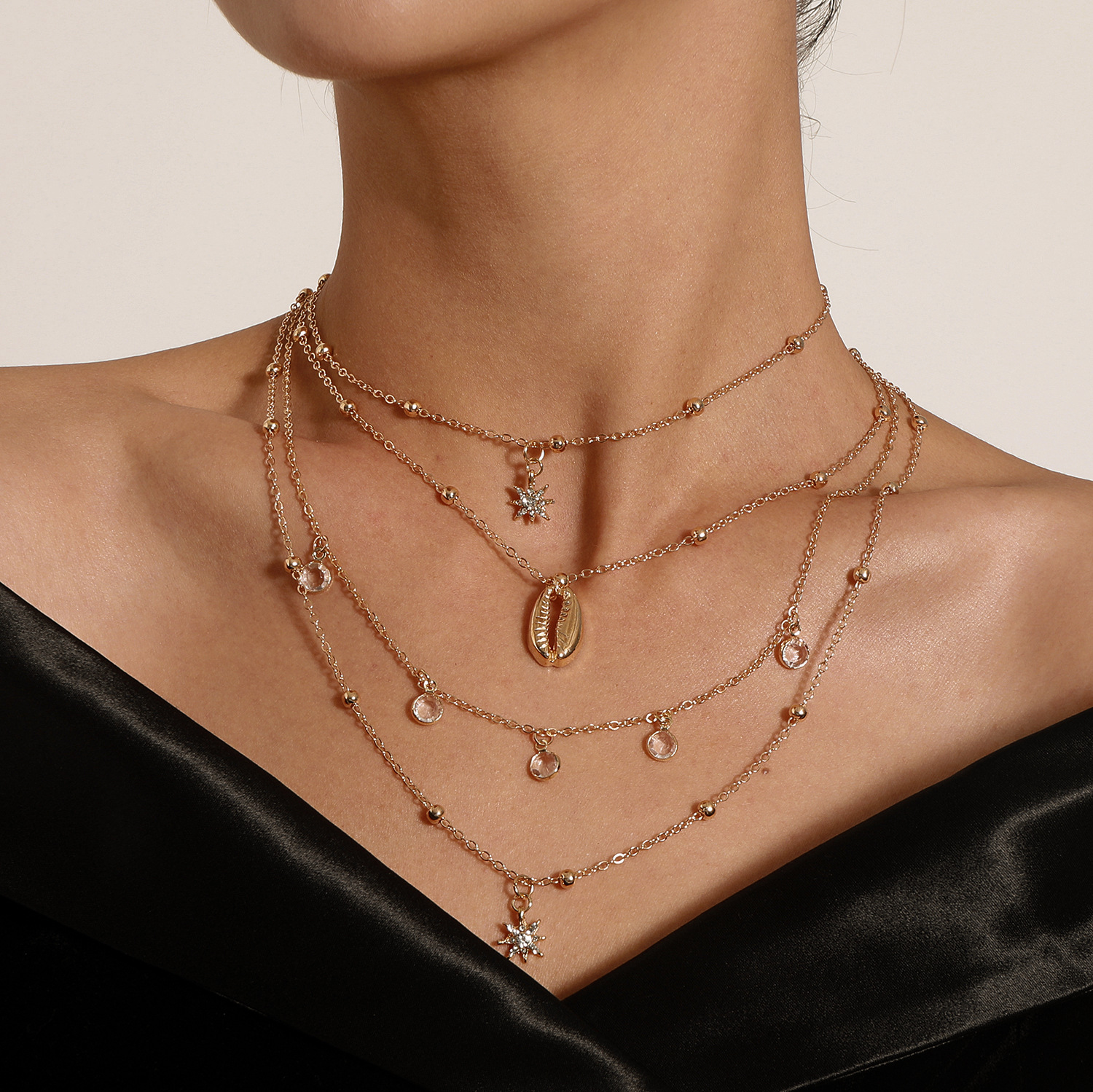 Accessories Women's Full Diamond Six-pointed Star Pendant Necklace Multi-layer Hip-hop Rhinestone Shell Necklace