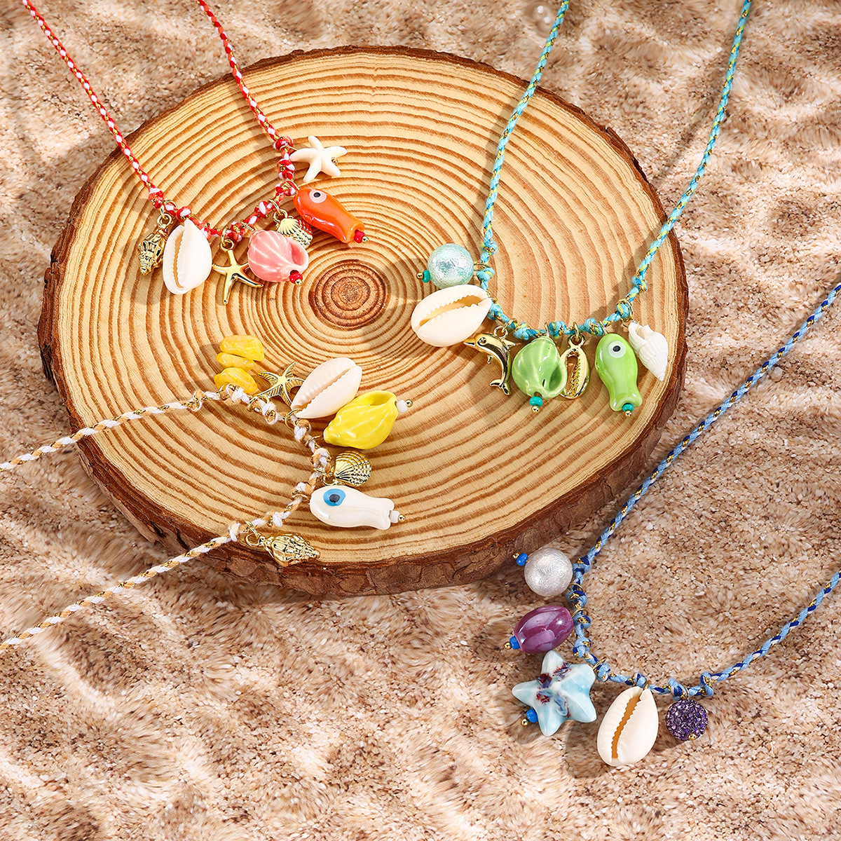 Jewelry colorful rope woven ocean style shell starfish ceramic fish pendant Bohemian summer necklace