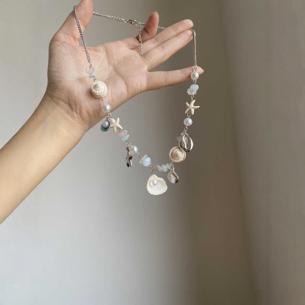 Vacation style colorful shell starfish pearl necklace women 2025 new summer dopamine collarbone chain accessory