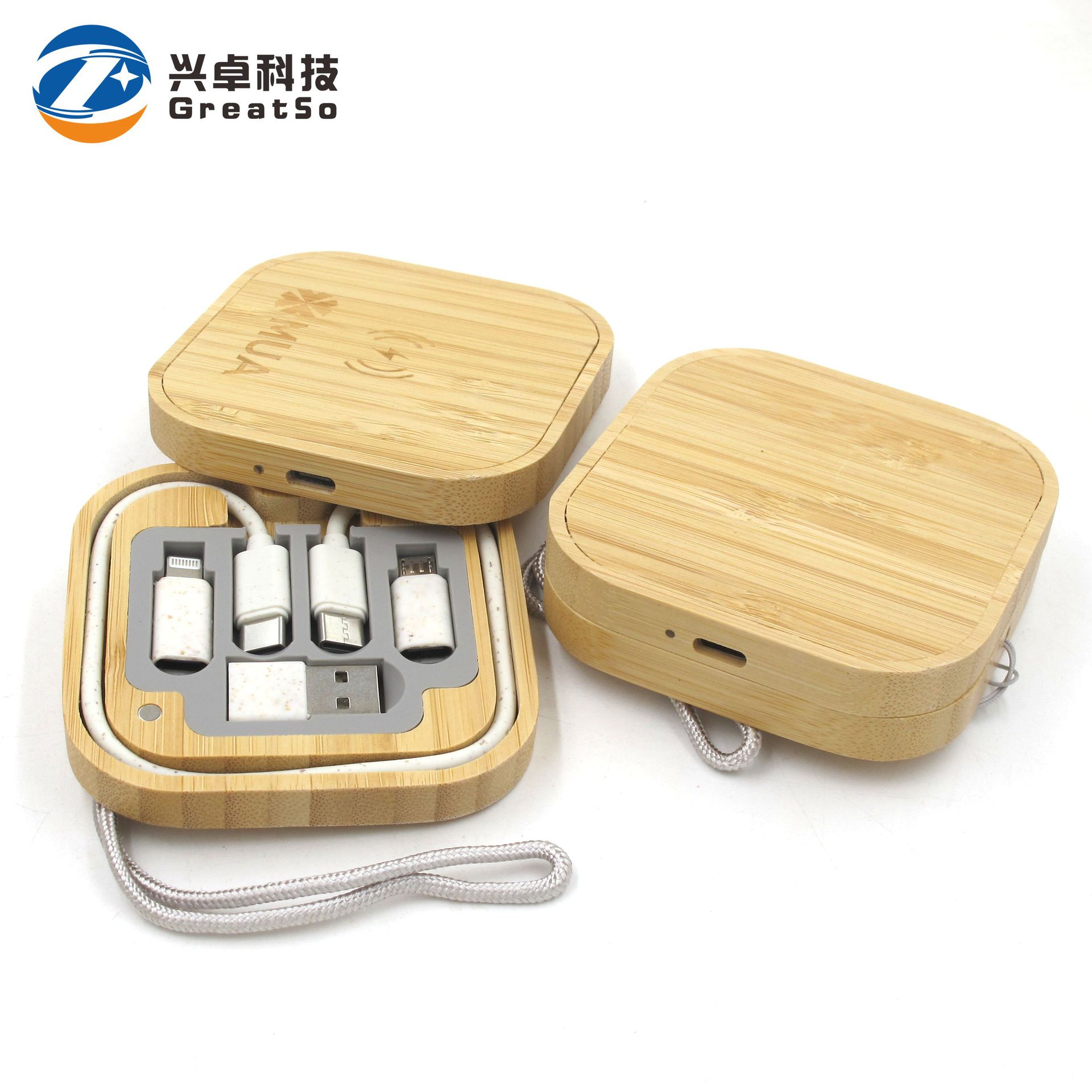 Eco-friendly bamboo wood material 60W wheat straw data cable storage box with 15W fast charging wireless charger