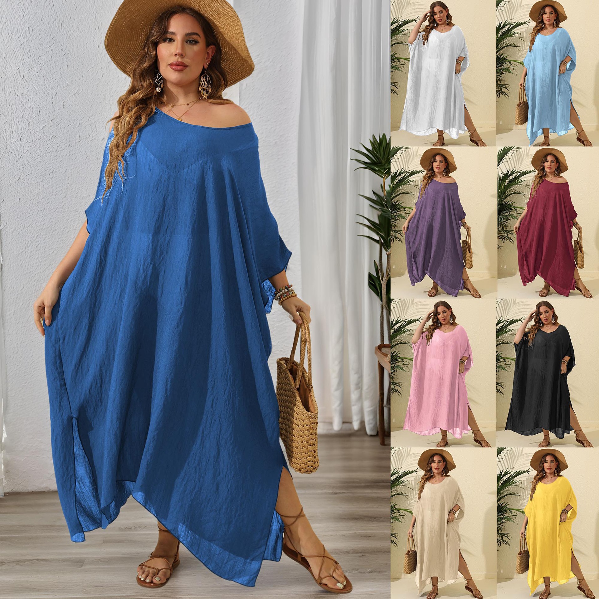 Women's Dress Plus Size Solid Color Loose Cover-Up Beach Vacation Split Floor-Length Dress