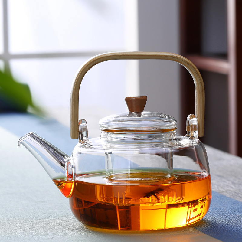 Heat-resistant glass bamboo handle filter teapot, high temperature resistant for electric ceramic stove, kettle with handle for boiling tea