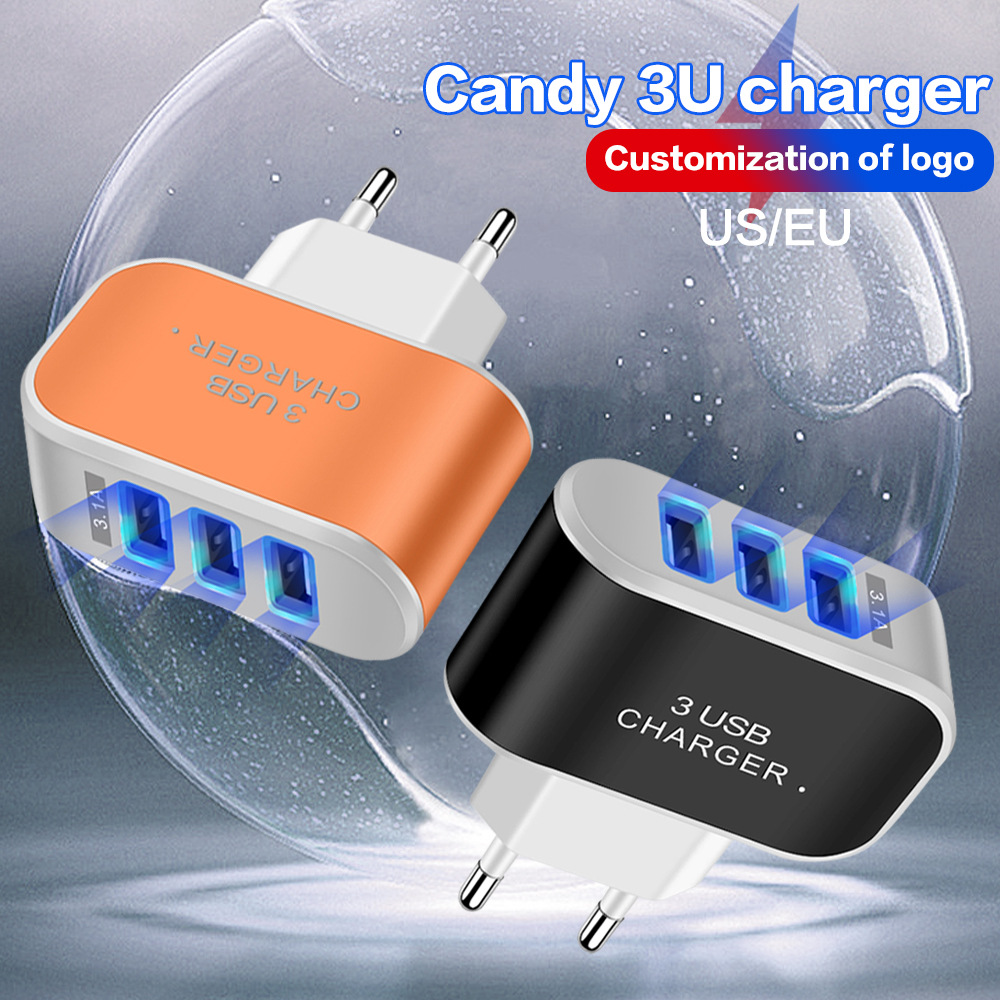 3USB Colorful Candy Charger EU US Travel 3-Port Glowing Phone Charger