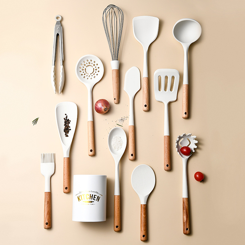Wood Handle White Silicone Kitchenware Set 12-Piece Set Nordic Simple Non-Scratch Pan Kitchen Tool Set