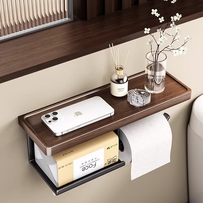 Walnut Bathroom Toilet Paper Holder No-Drill Tissue Rack Washroom Napkin Rack