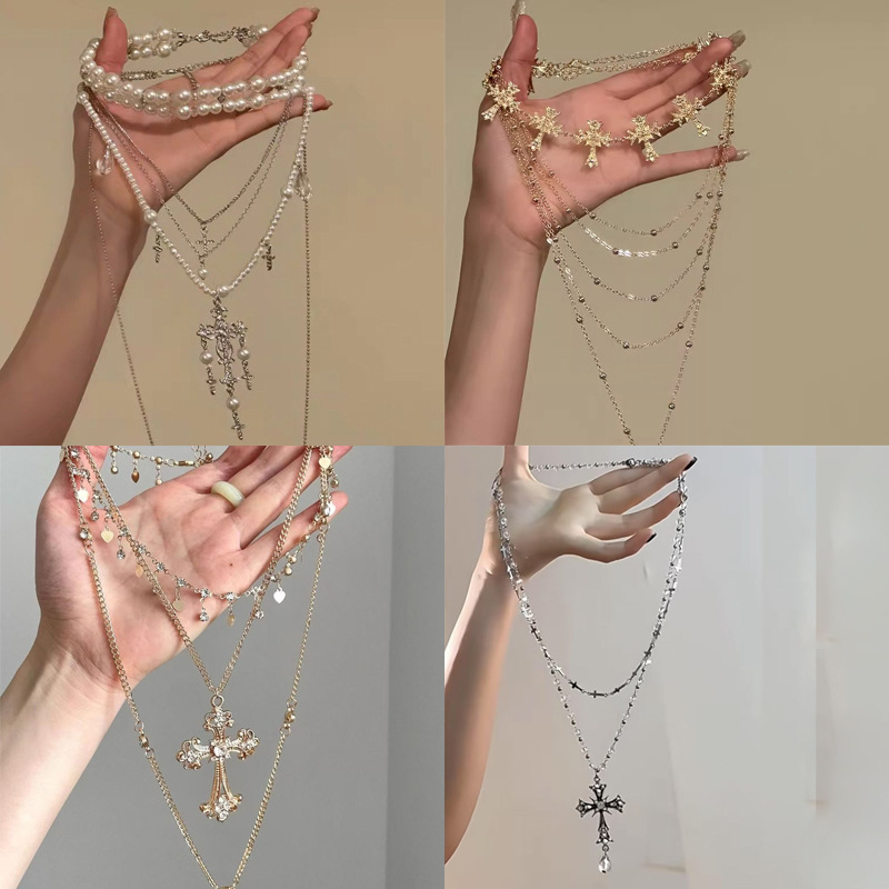 Multi-Layer Cross Tassel Necklace Court Style Collarbone Chain Sweet Cool Necklace for Women