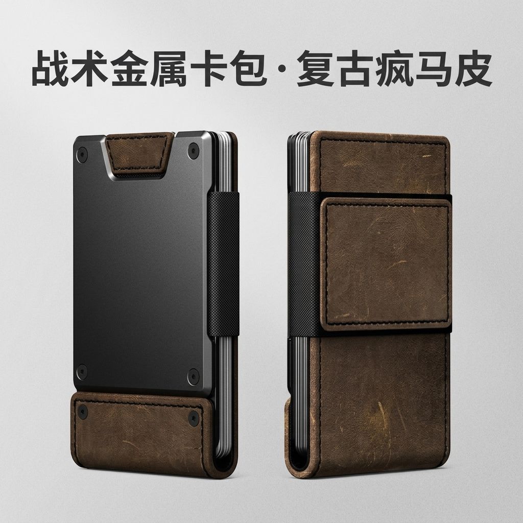 Tactical Metal Card Holder Men's Minimalist Wallet Crazy Horse Leather RFID Anti-Theft Card Case Aluminum Alloy Hardcore Money Clip