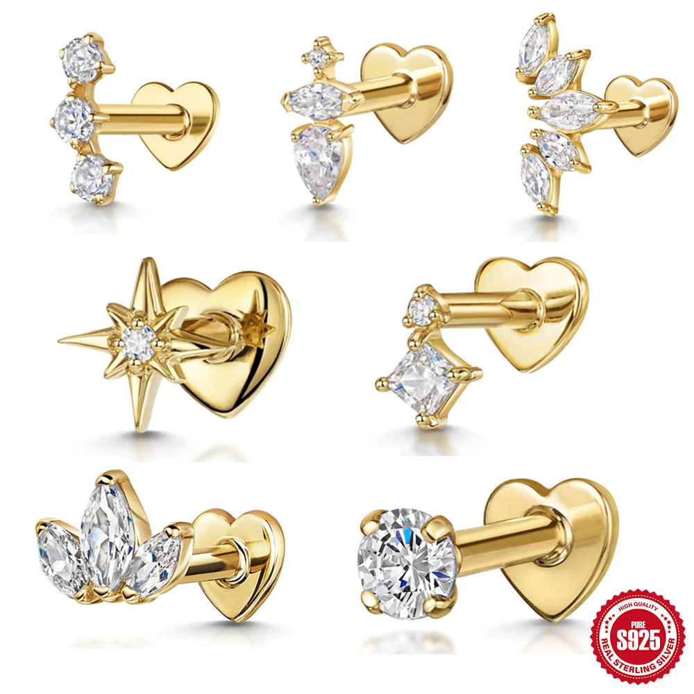 925 sterling silver diamond-set octagonal star heart flat head cartilage piercing ear bone stud new threaded earrings
