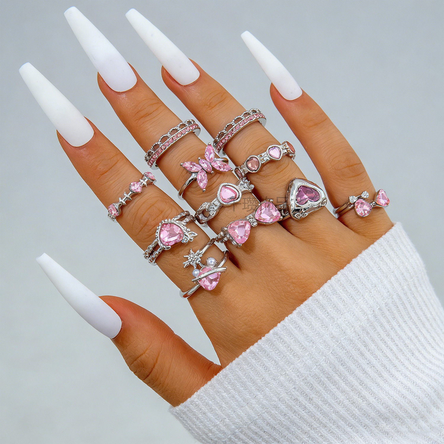 Pink Heart Layered Ring Set Sweet Girl Style Rhinestone Butterfly Finger Ring Accessories
