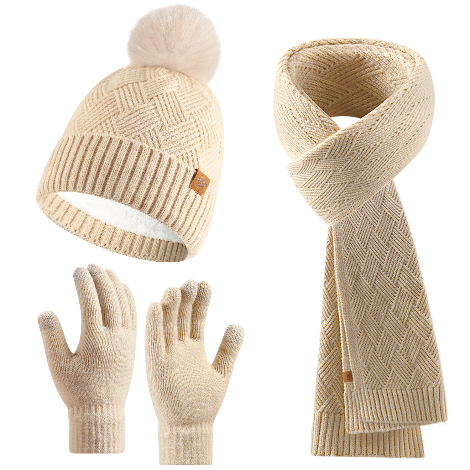 Knitted hat, scarf, and gloves three-piece set for women, outdoor warm double-layer wool knitted hat for cold protection