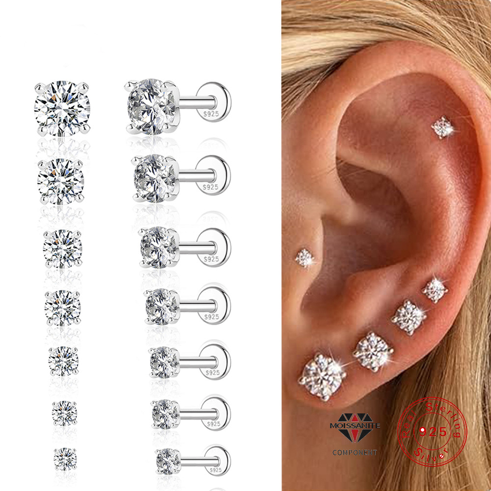 New S925 sterling silver moissanite four-claw setting flat head threaded ear studs threaded cartilage ear bone studs