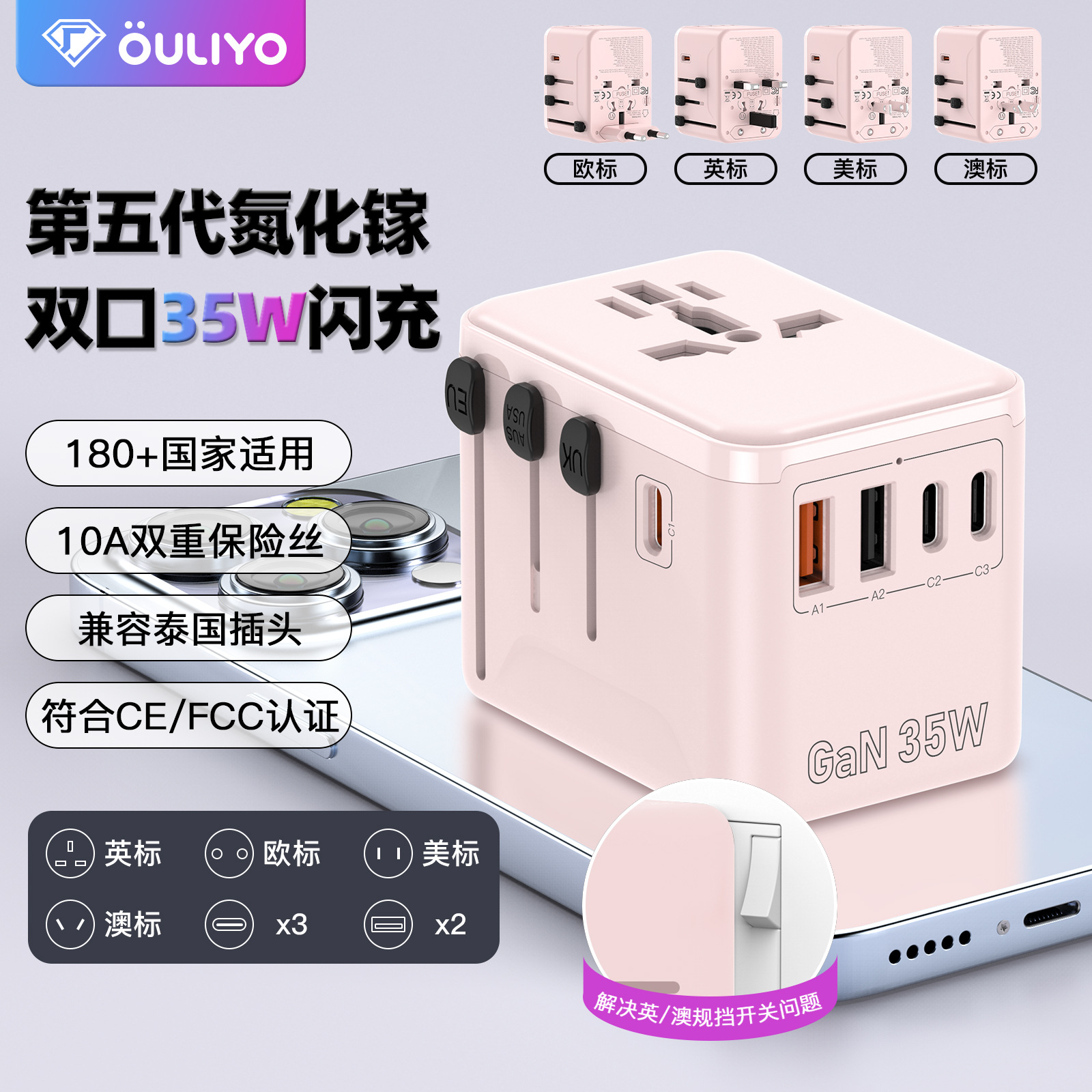 GaN Converter Socket 35W PD Fast Charging Multi-function Travel Plug Socket Fast Charger Adapter Plug