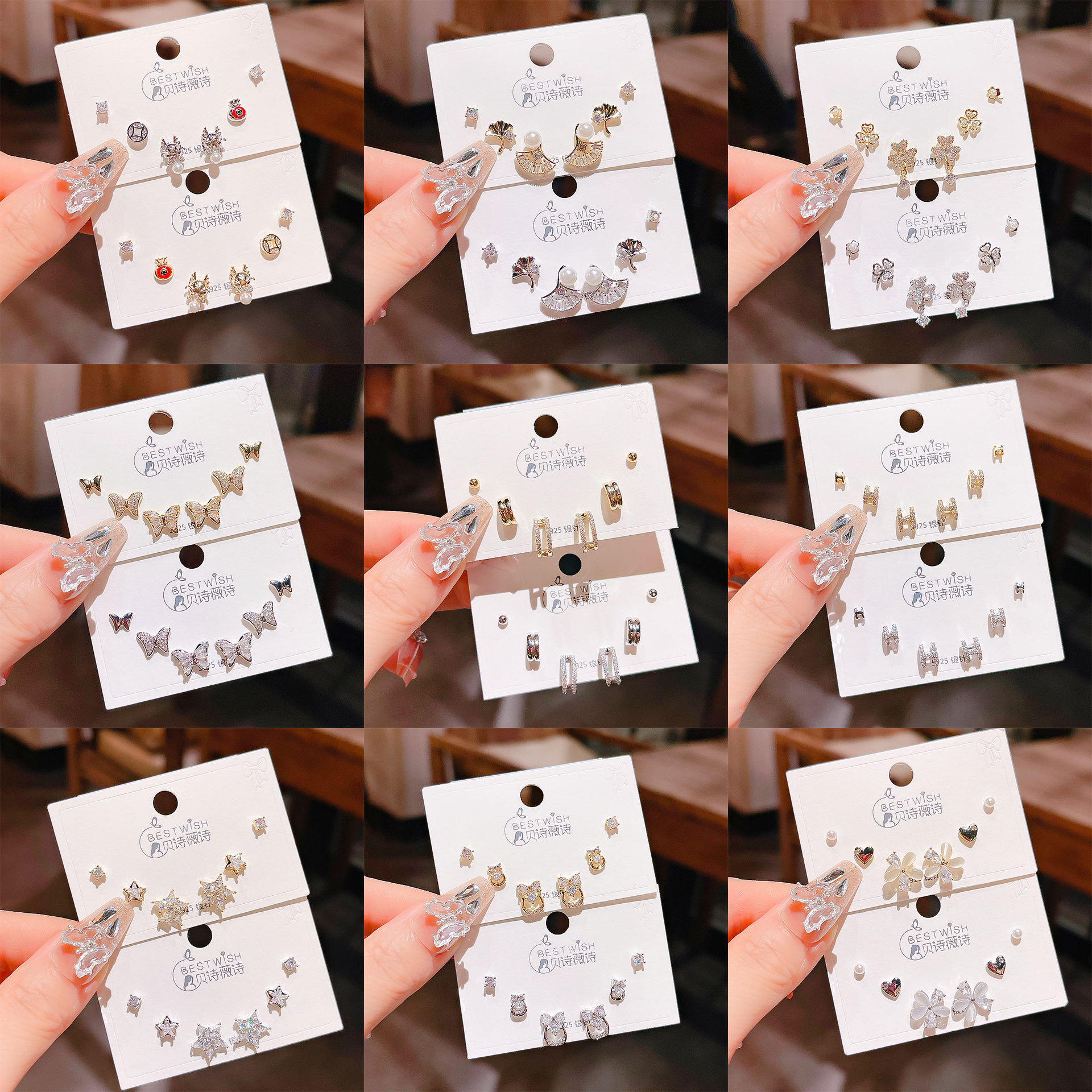 Summer new real gold electroplated exquisite three pairs of small earrings, small fresh sweet earrings