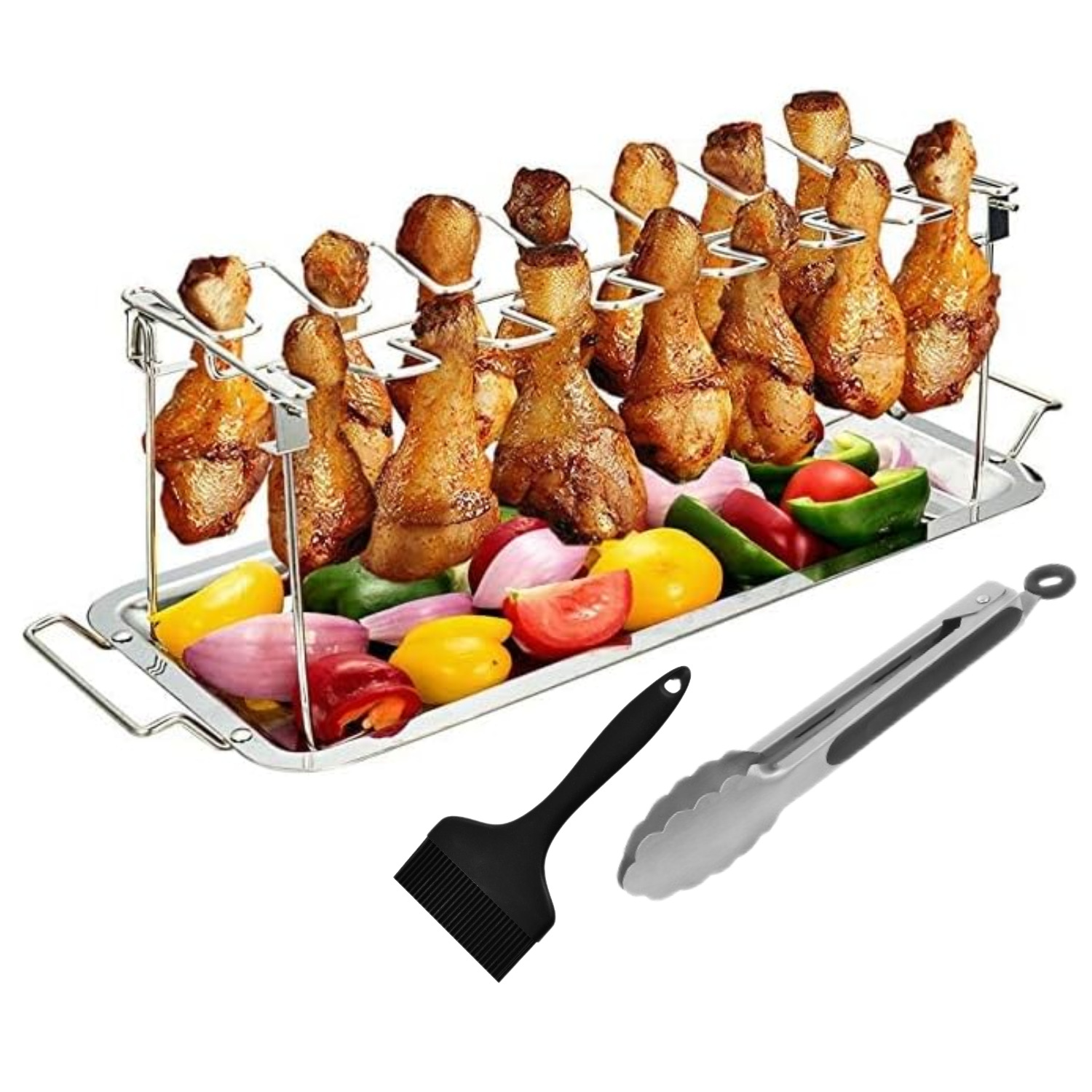Stainless Steel Portable Folding Multifunctional Leg Rack Set with Drip Tray BBQ Grill Net BBQ Roast Meat Vegetable Plate